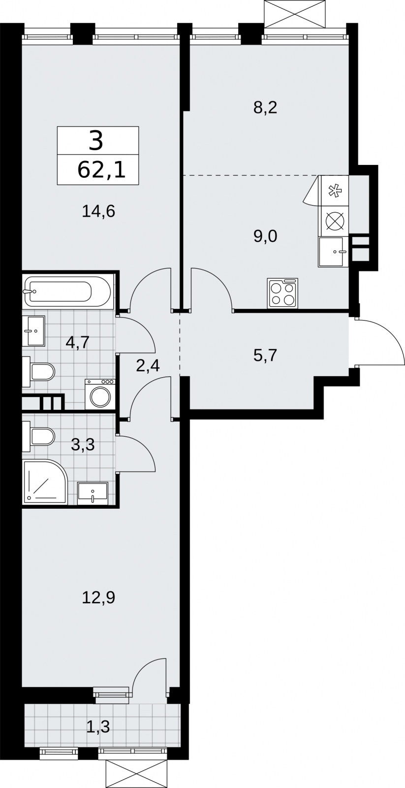 1-комнатная квартира в ЖК Бунинские кварталы на 3 этаже в 3 секции. Сдача в 2 кв. 2026 г.