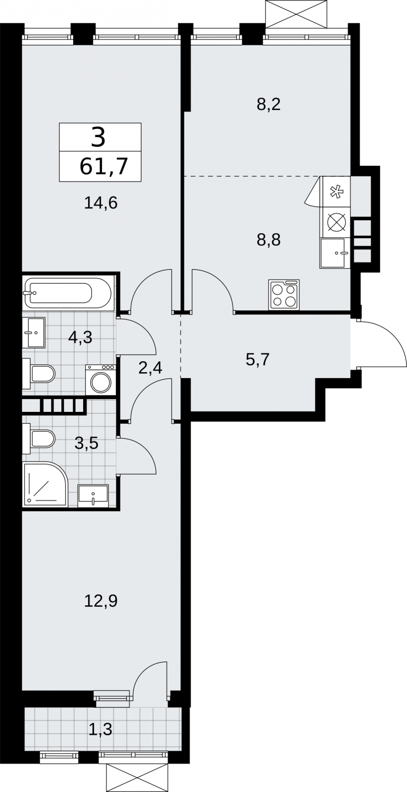 1-комнатная квартира в ЖК Бунинские кварталы на 3 этаже в 1 секции. Сдача в 2 кв. 2026 г.