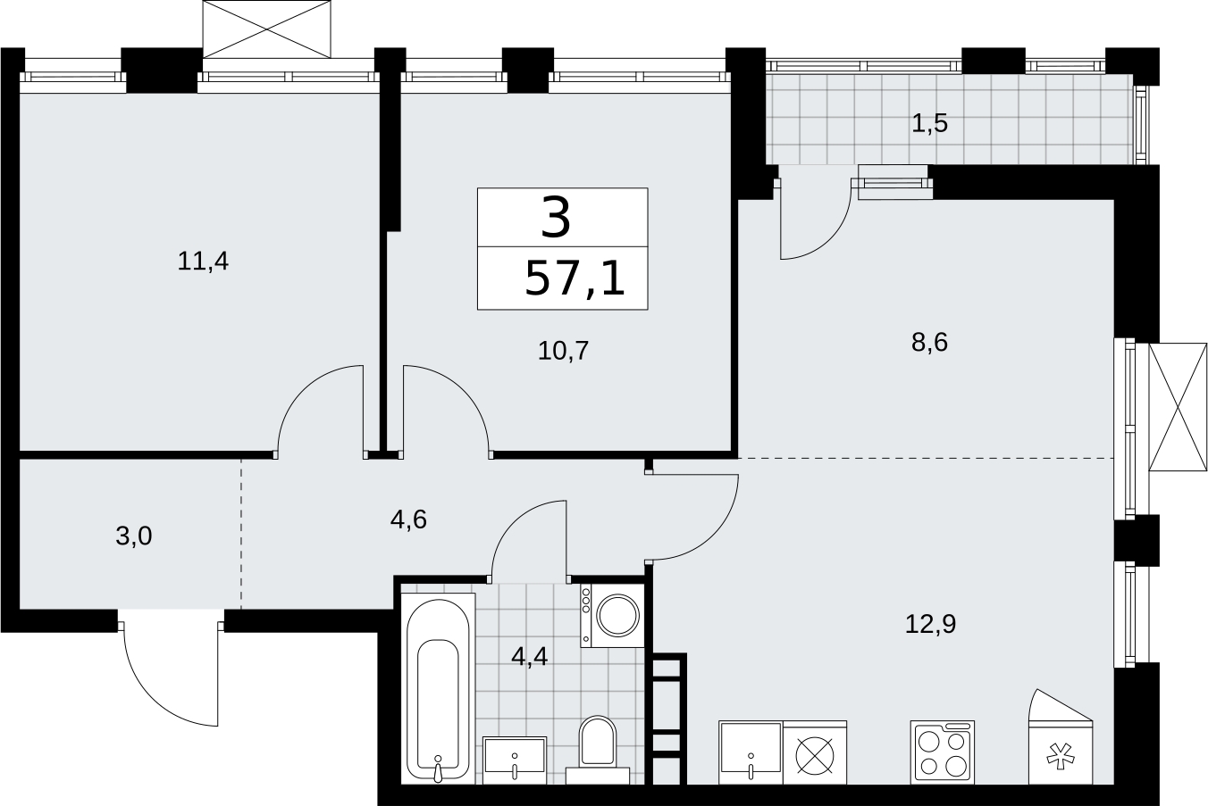 3-комнатная квартира с отделкой в ЖК Бунинские кварталы на 11 этаже в 3 секции. Сдача в 2 кв. 2026 г.