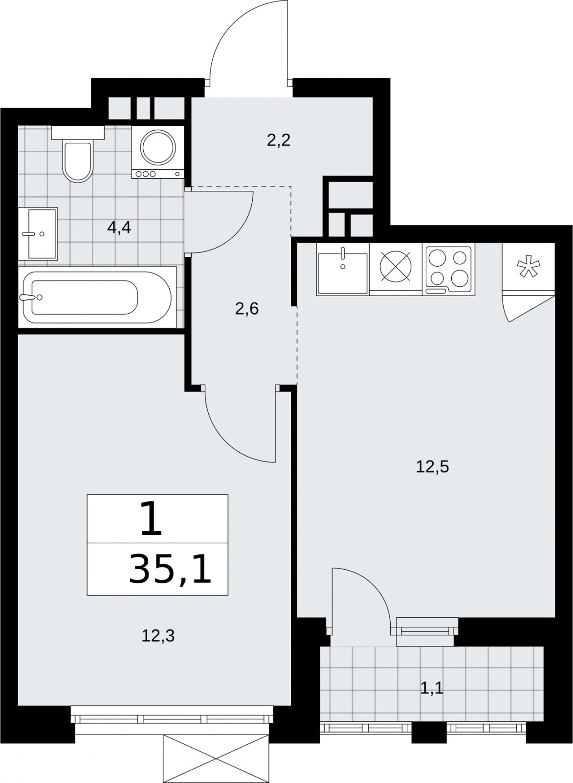 1-комнатная квартира в ЖК Бунинские кварталы на 8 этаже в 3 секции. Сдача в 2 кв. 2026 г.