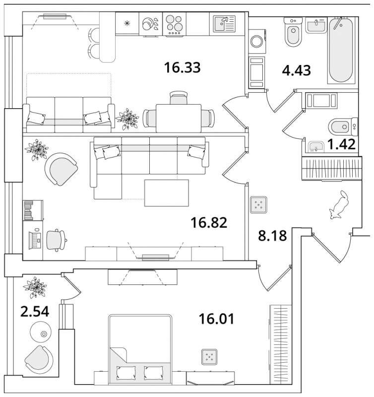 2-комнатная квартира в ЖК CUBE на 3 этаже в 1 секции. Сдача в 4 кв. 2024 г.