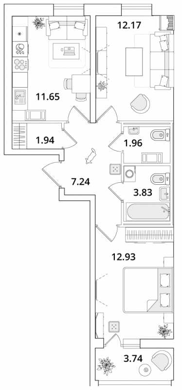 2-комнатная квартира в ЖК М_5 на 19 этаже в 1 секции. Сдача в 2 кв. 2025 г.