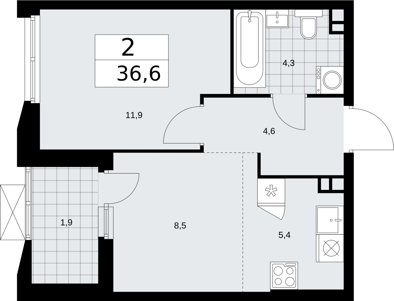 2-комнатная квартира в ЖК HomeCity на 6 этаже в 5 секции. Сдача в 1 кв. 2022 г.