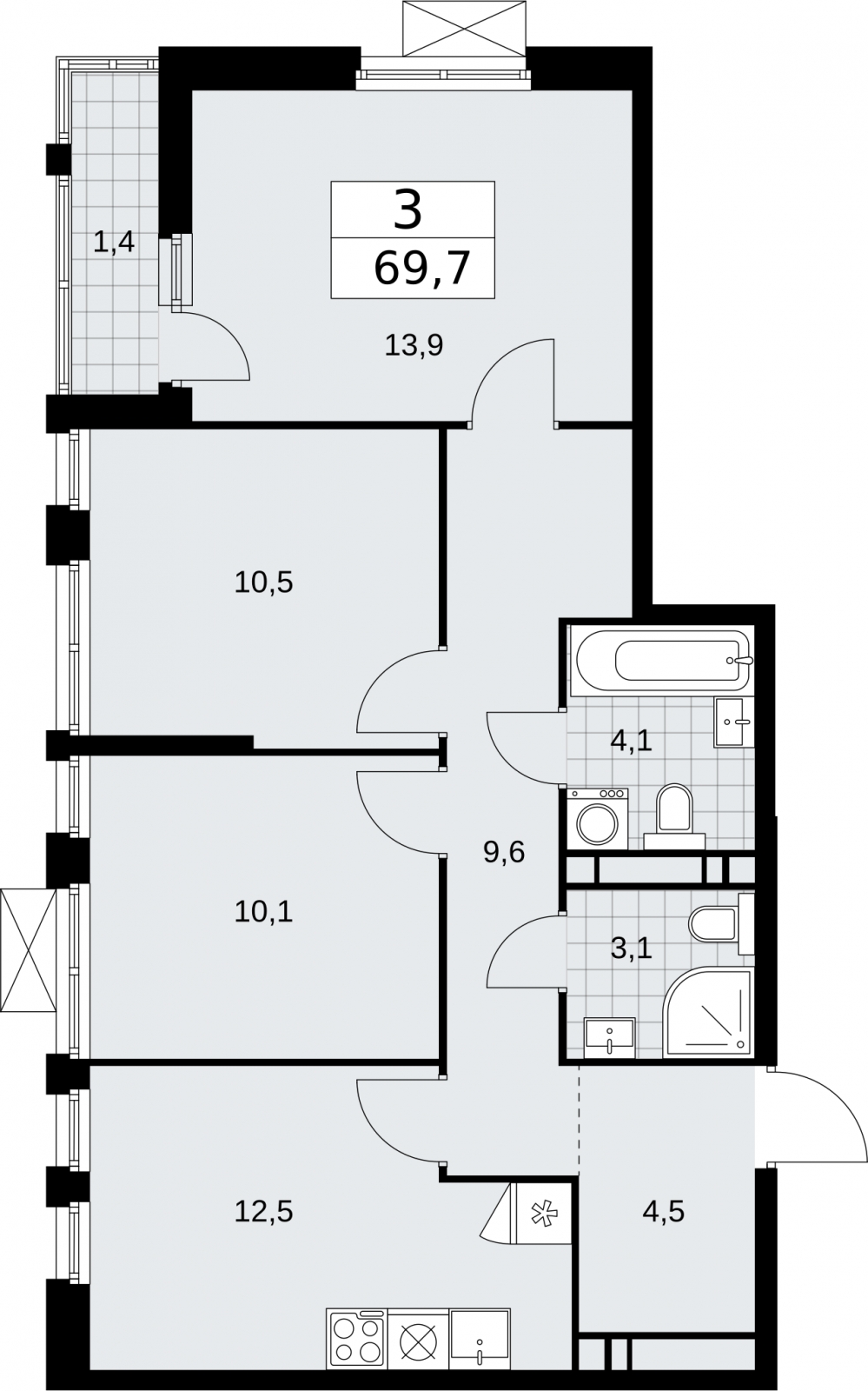 4-комнатная квартира в ЖК HomeCity на 2 этаже в 4 секции. Сдача в 1 кв. 2022 г.