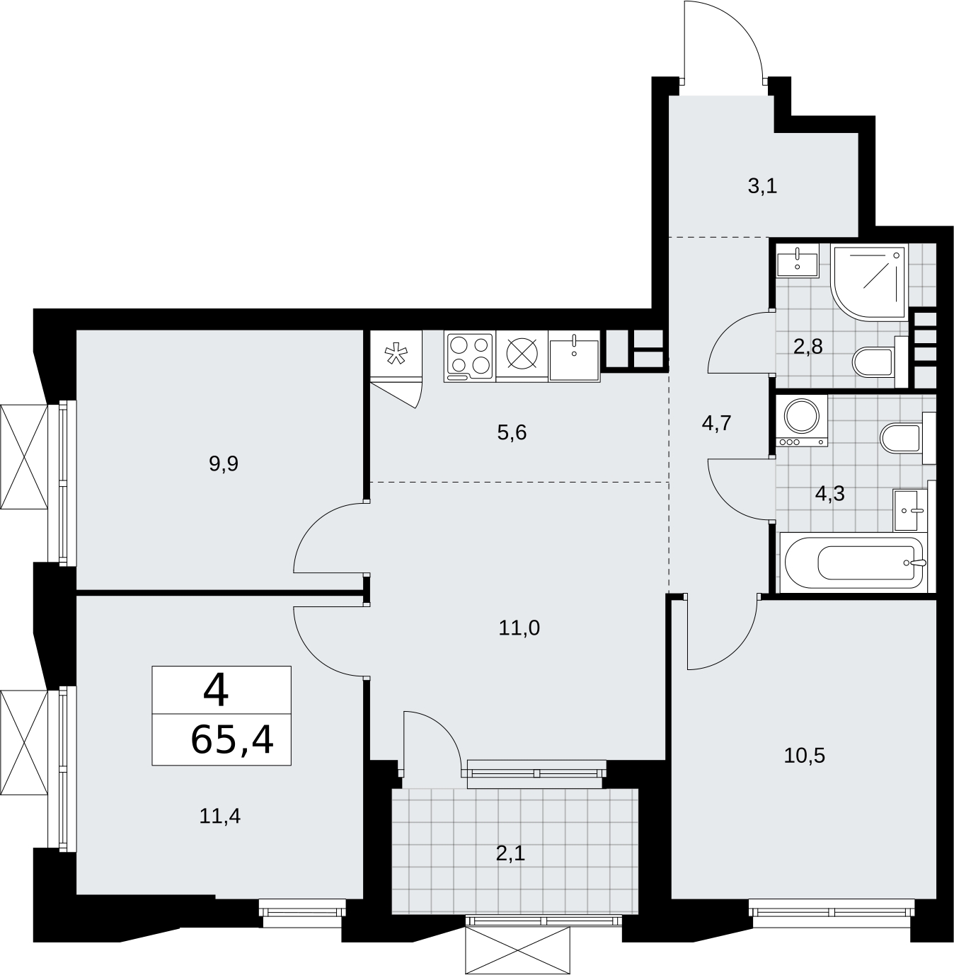 2-комнатная квартира в ЖК HomeCity на 6 этаже в 5 секции. Сдача в 1 кв. 2022 г.