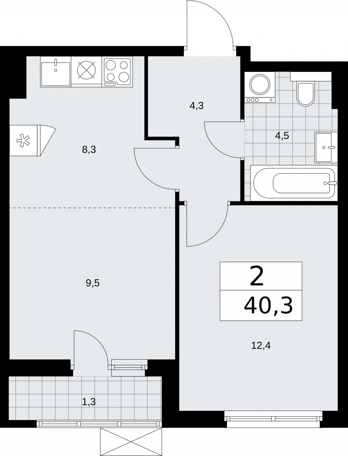 1-комнатная квартира в ЖК Бунинские кварталы на 9 этаже в 4 секции. Сдача в 2 кв. 2026 г.