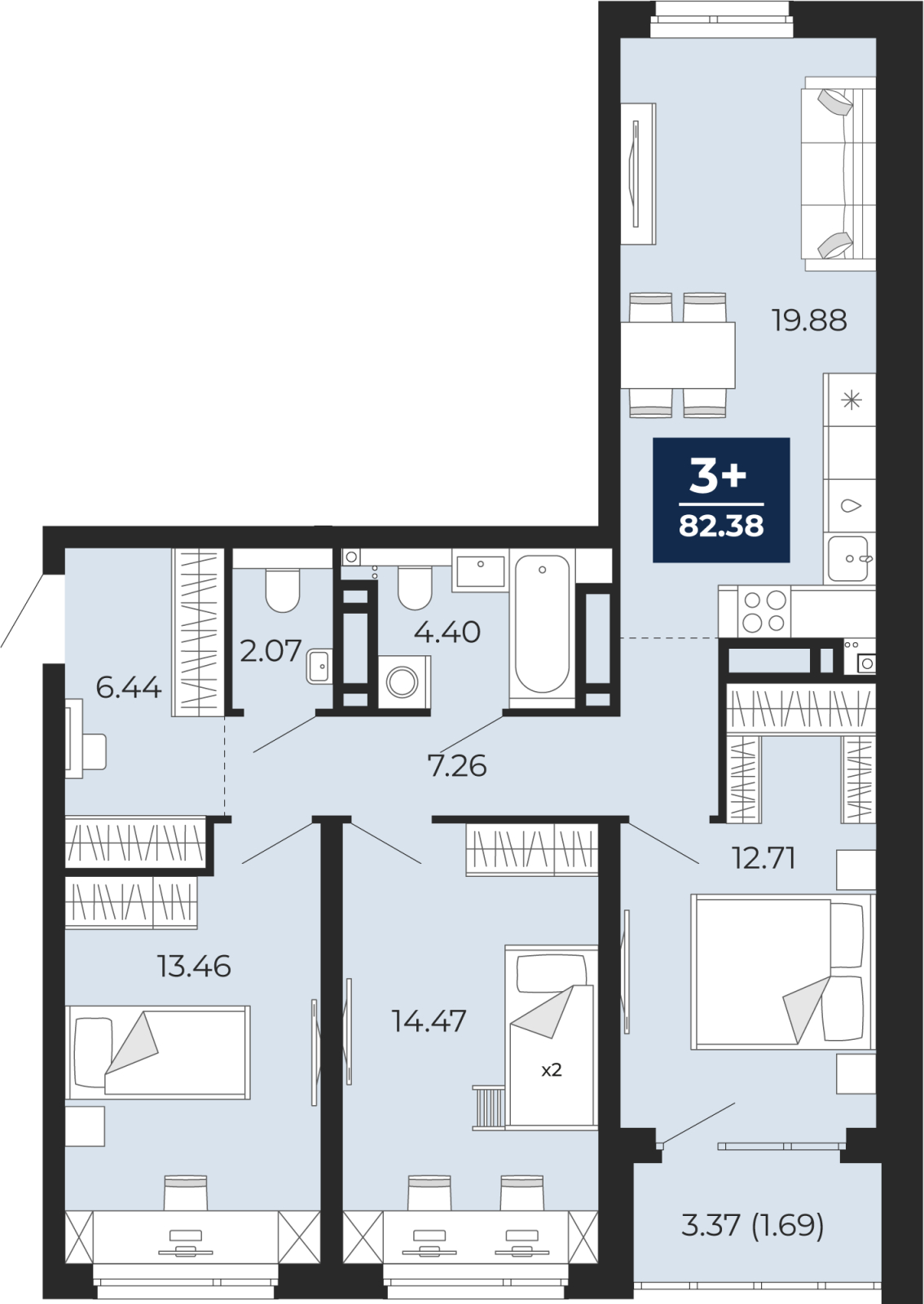 1-комнатная квартира (Студия) в ЖК Бунинские кварталы на 3 этаже в 1 секции. Сдача в 2 кв. 2026 г.