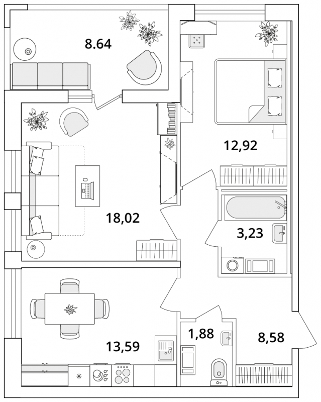 2-комнатная квартира в ЖК CUBE на 6 этаже в 1 секции. Сдача в 4 кв. 2024 г.