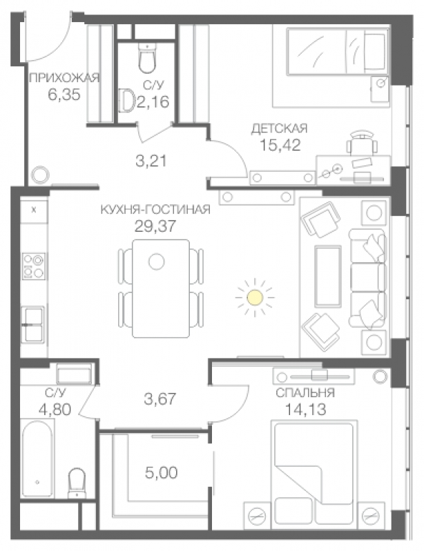 1-комнатная квартира с отделкой в ЖК Лучи на 5 этаже в 1 секции. Сдача в 3 кв. 2024 г.