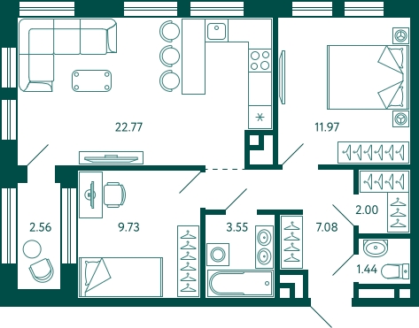 1-комнатная квартира в ЖК Бунинские кварталы на 16 этаже в 1 секции. Сдача в 2 кв. 2026 г.