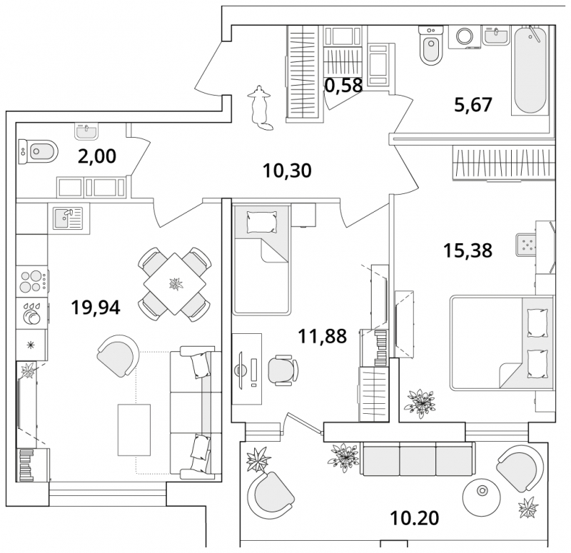 2-комнатная квартира в ЖК CUBE на 18 этаже в 1 секции. Сдача в 4 кв. 2024 г.