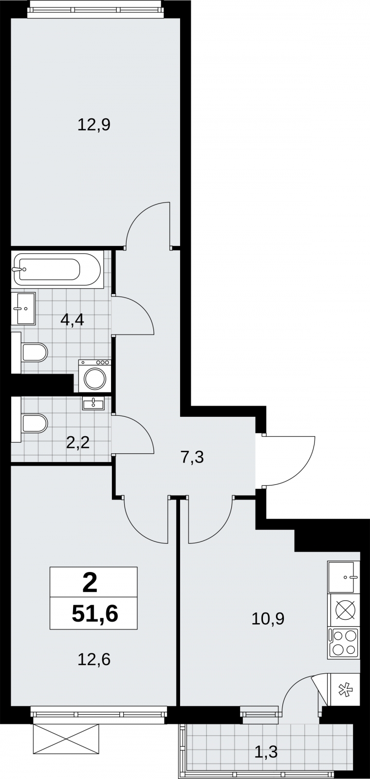1-комнатная квартира (Студия) в ЖК Бунинские кварталы на 9 этаже в 3 секции. Сдача в 2 кв. 2026 г.