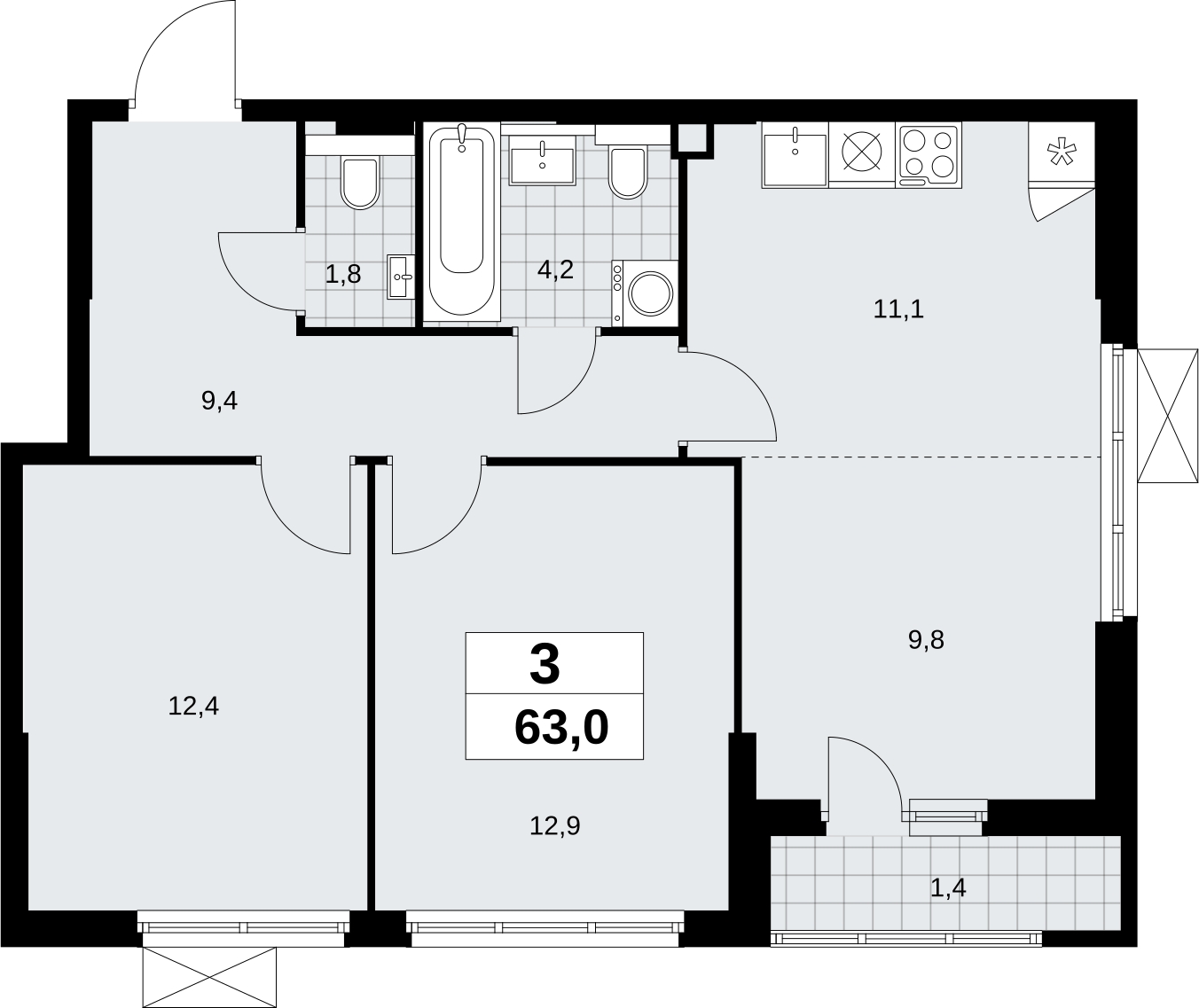 3-комнатная квартира в ЖК Бунинские кварталы на 7 этаже в 1 секции. Сдача в 2 кв. 2026 г.