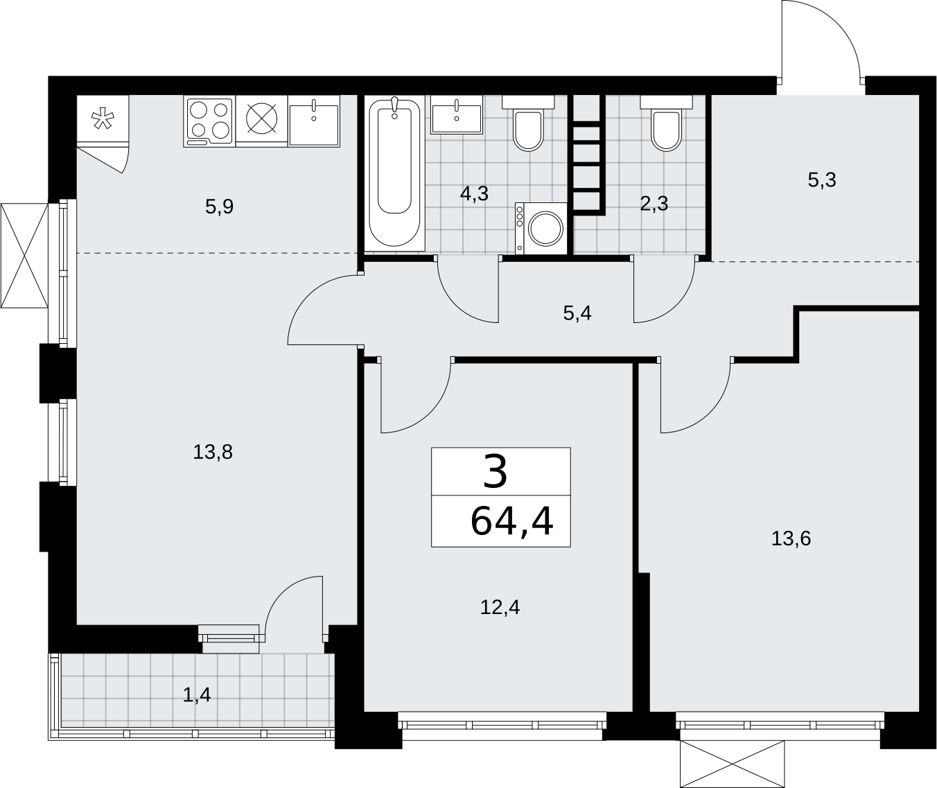3-комнатная квартира в ЖК Бунинские кварталы на 15 этаже в 2 секции. Сдача в 2 кв. 2026 г.