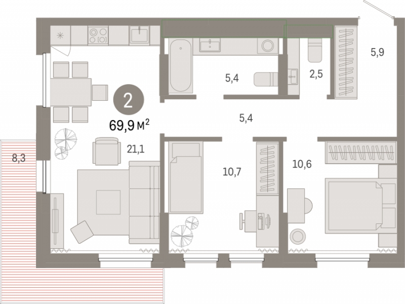 3-комнатная квартира в ЖК Бунинские кварталы на 2 этаже в 4 секции. Сдача в 2 кв. 2026 г.