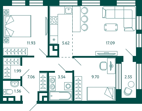 1-комнатная квартира (Студия) в ЖК Бунинские кварталы на 5 этаже в 4 секции. Сдача в 2 кв. 2026 г.