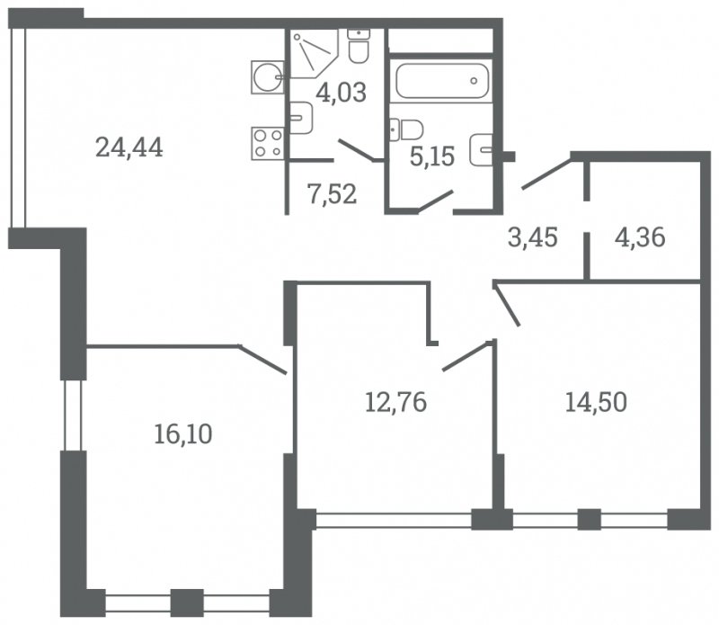 3-комнатная квартира в ЖК Headliner на 32 этаже в 5 секции. Сдача в 4 кв. 2022 г.