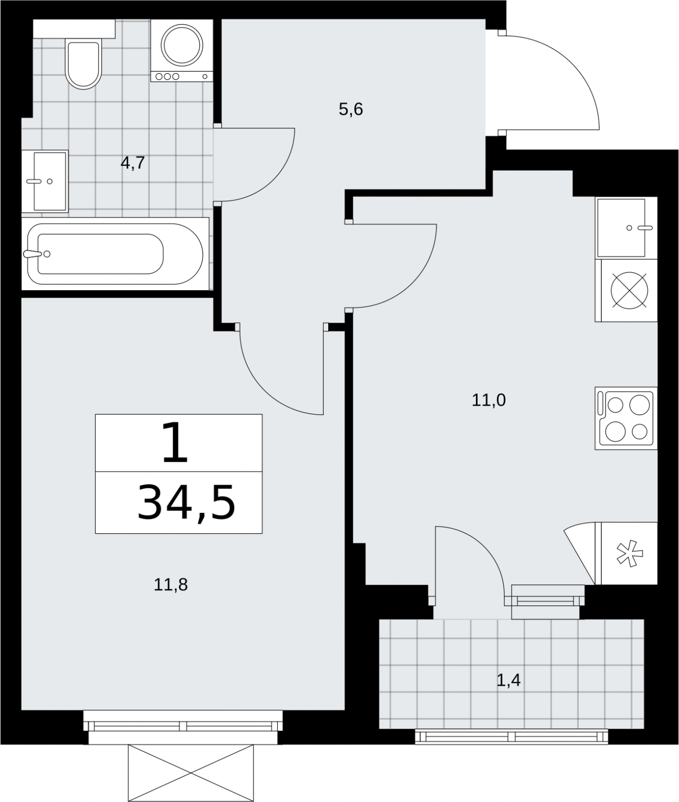 1-комнатная квартира в ЖК Бунинские кварталы на 14 этаже в 3 секции. Сдача в 2 кв. 2026 г.