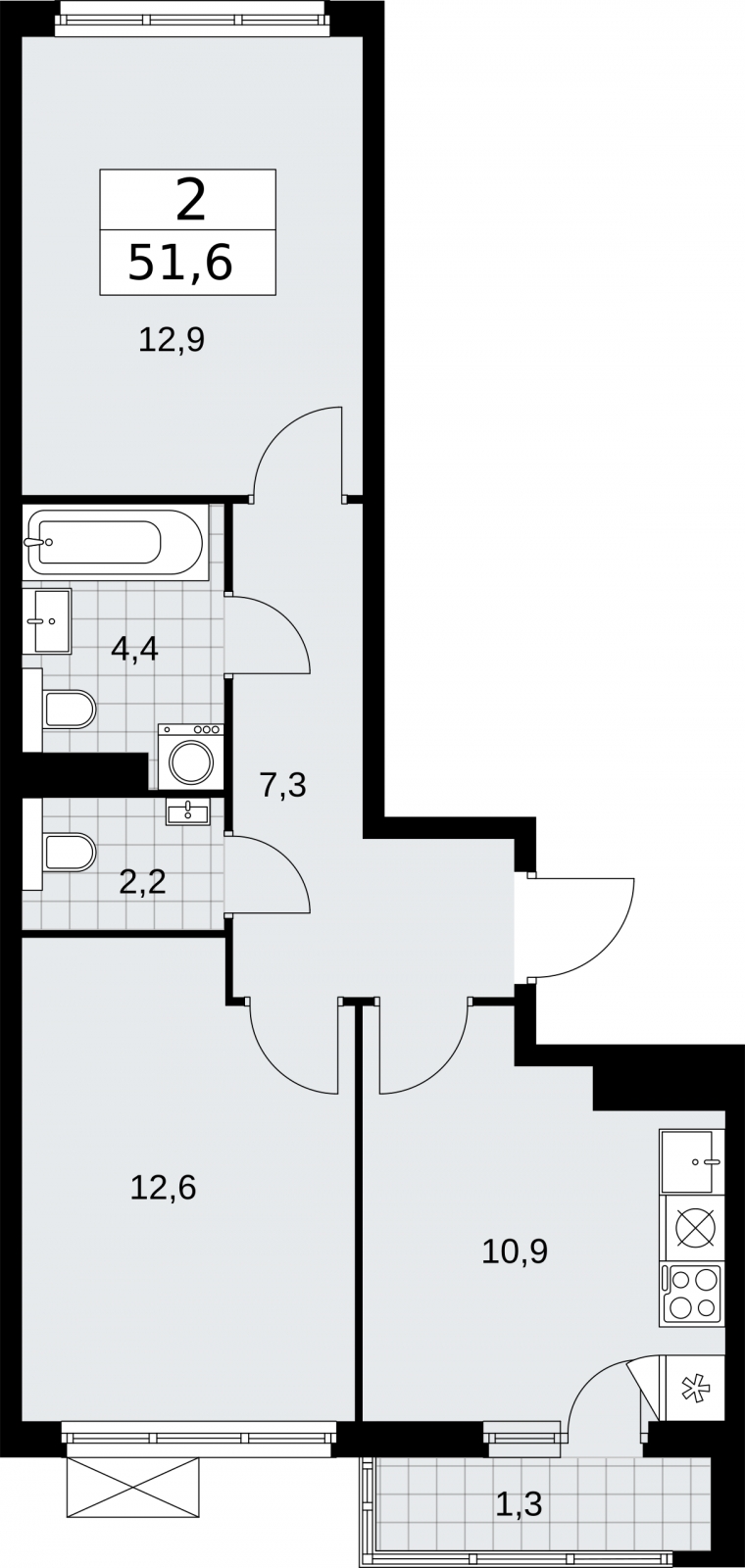 2-комнатная квартира в ЖК Бунинские кварталы на 5 этаже в 2 секции. Сдача в 2 кв. 2026 г.
