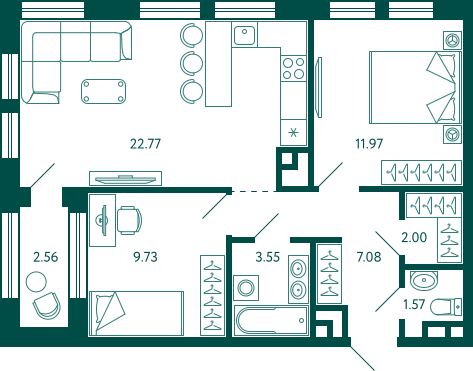 2-комнатная квартира в ЖК Бунинские кварталы на 19 этаже в 1 секции. Сдача в 2 кв. 2026 г.