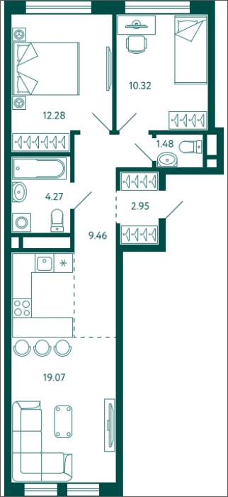 1-комнатная квартира в ЖК Бунинские кварталы на 3 этаже в 4 секции. Сдача в 2 кв. 2026 г.