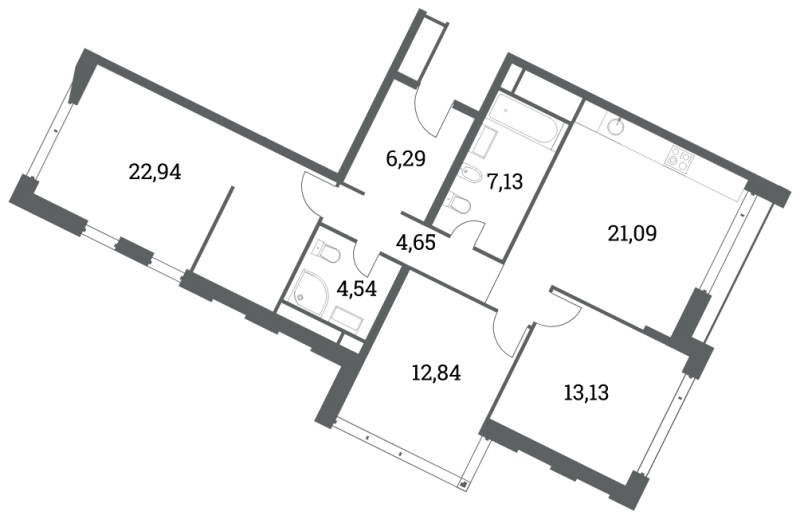 3-комнатная квартира в ЖК Headliner на 4 этаже в 5 секции. Сдача в 4 кв. 2022 г.