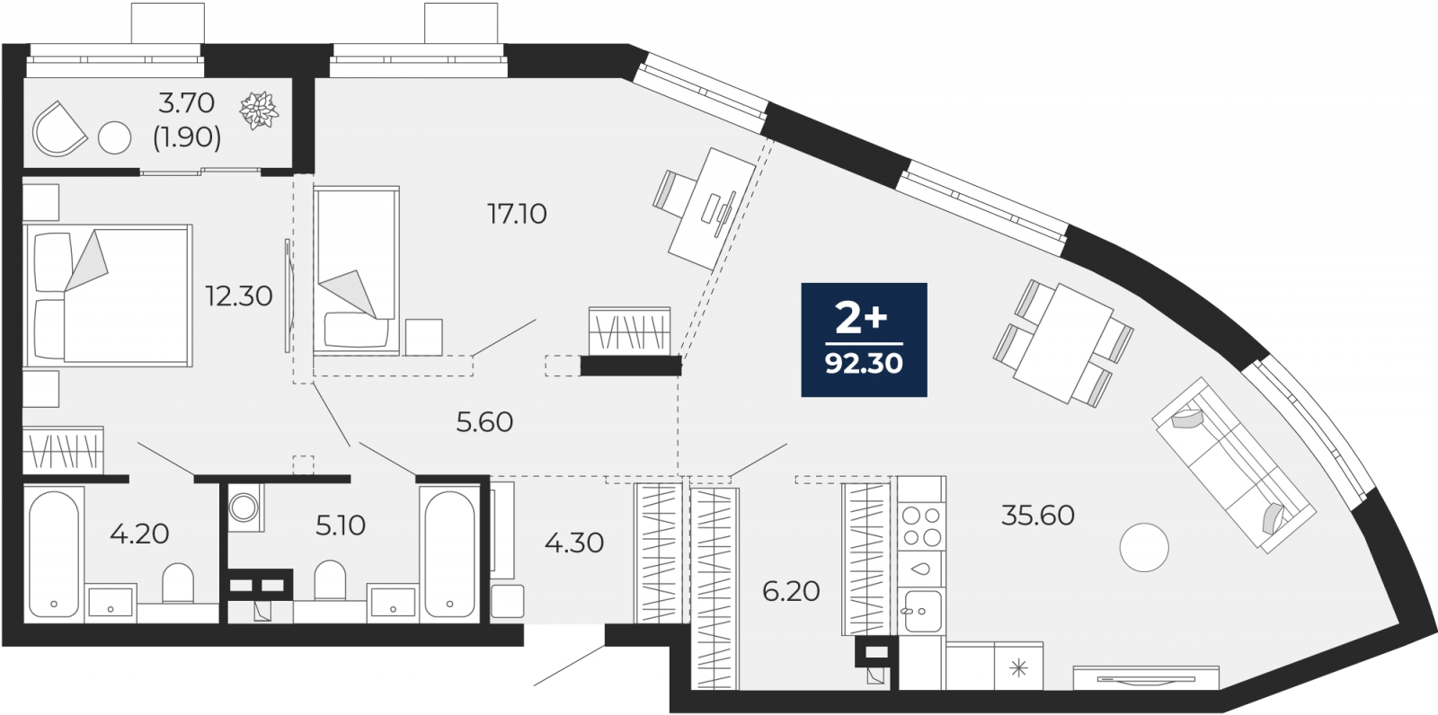 1-комнатная квартира (Студия) в ЖК Бунинские кварталы на 2 этаже в 2 секции. Сдача в 2 кв. 2026 г.