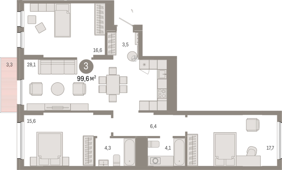 3-комнатная квартира в ЖК Бунинские кварталы на 5 этаже в 4 секции. Сдача в 2 кв. 2026 г.