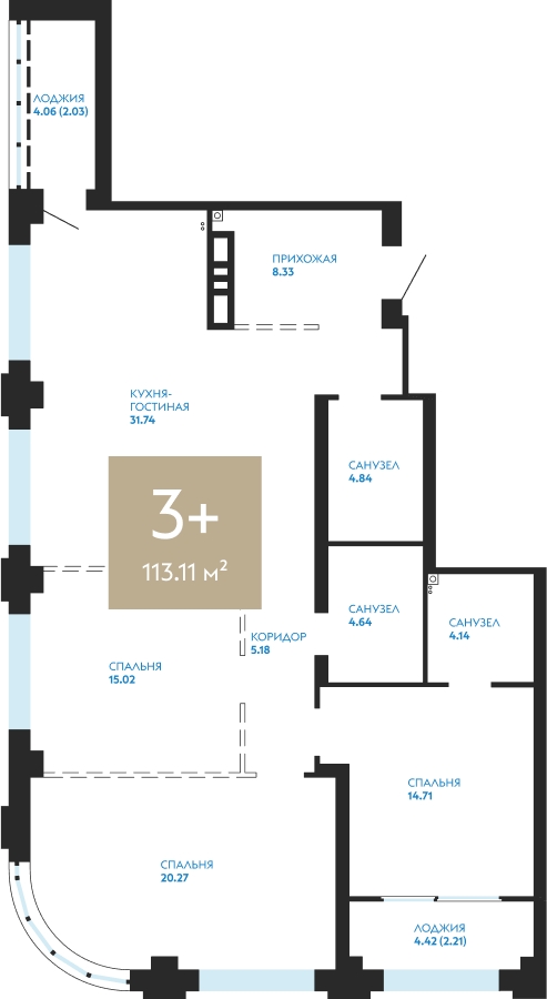 3-комнатная квартира в ЖК Бунинские кварталы на 12 этаже в 2 секции. Сдача в 2 кв. 2026 г.