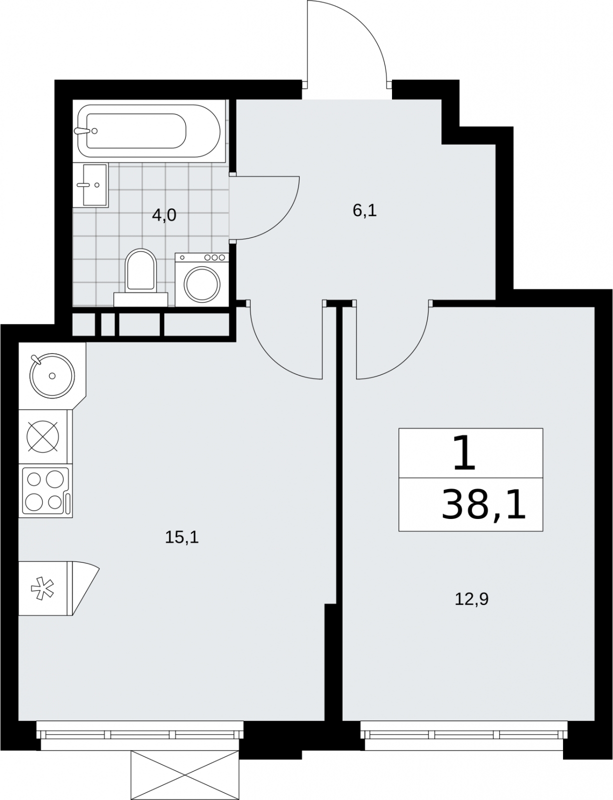 1-комнатная квартира в ЖК Бунинские кварталы на 7 этаже в 1 секции. Сдача в 2 кв. 2026 г.