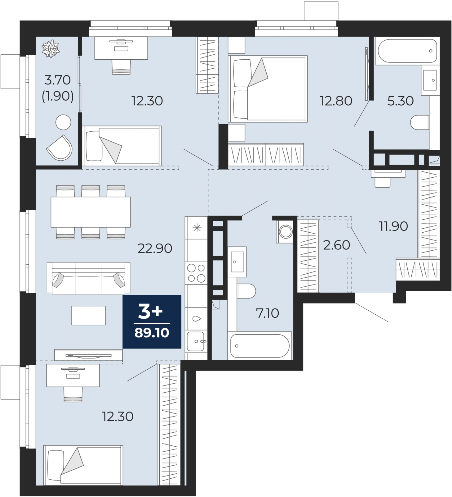 2-комнатная квартира в ЖК Бунинские кварталы на 4 этаже в 5 секции. Сдача в 2 кв. 2026 г.