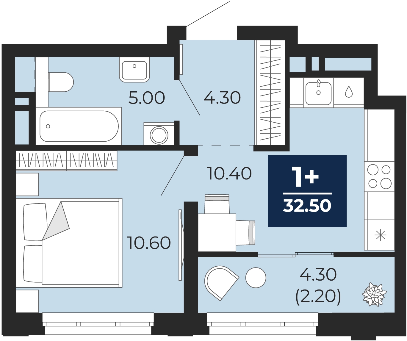 1-комнатная квартира в ЖК Бунинские кварталы на 9 этаже в 5 секции. Сдача в 2 кв. 2026 г.