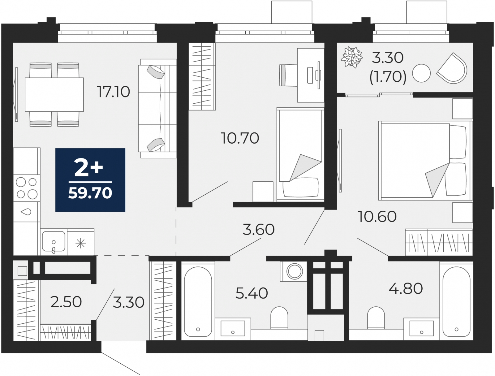 2-комнатная квартира в ЖК Бунинские кварталы на 3 этаже в 6 секции. Сдача в 2 кв. 2026 г.