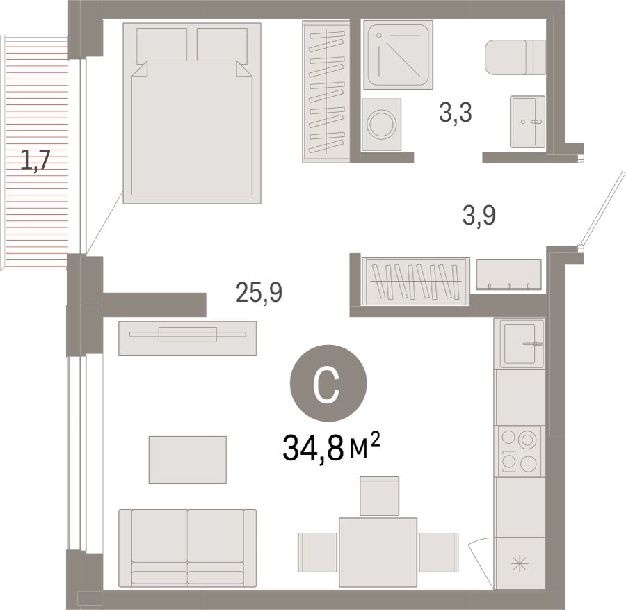 2-комнатная квартира в ЖК Бунинские кварталы на 11 этаже в 3 секции. Сдача в 2 кв. 2026 г.