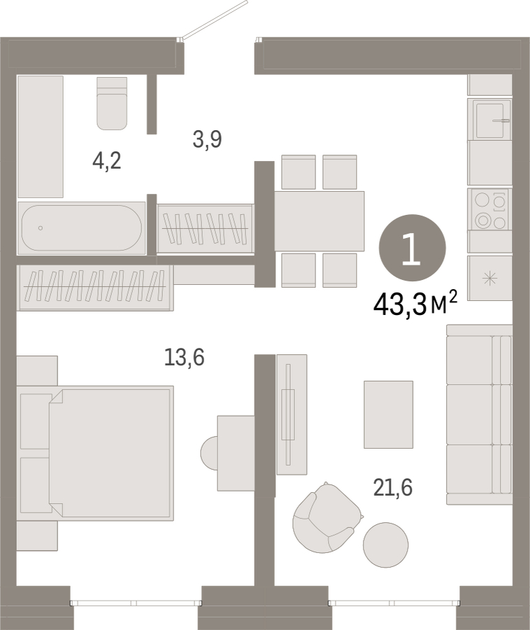 1-комнатная квартира (Студия) в ЖК Бунинские кварталы на 11 этаже в 3 секции. Сдача в 2 кв. 2026 г.