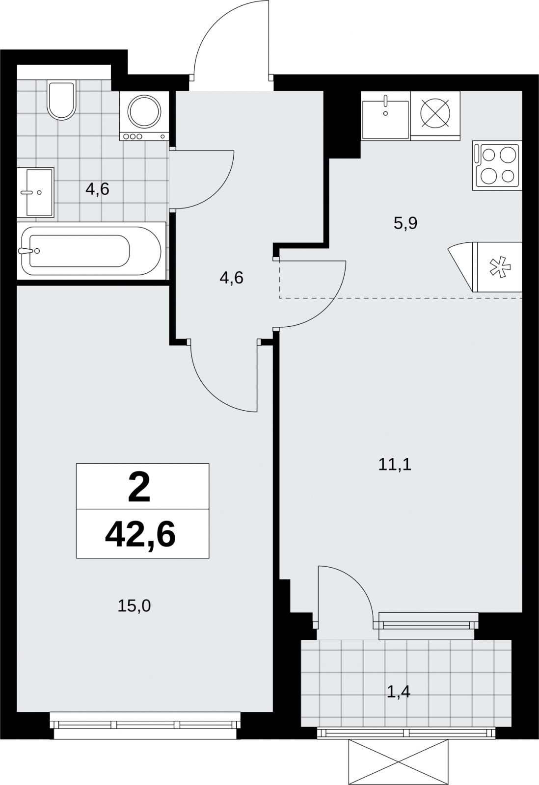 1-комнатная квартира (Студия) в ЖК Бунинские кварталы на 7 этаже в 6 секции. Сдача в 2 кв. 2026 г.