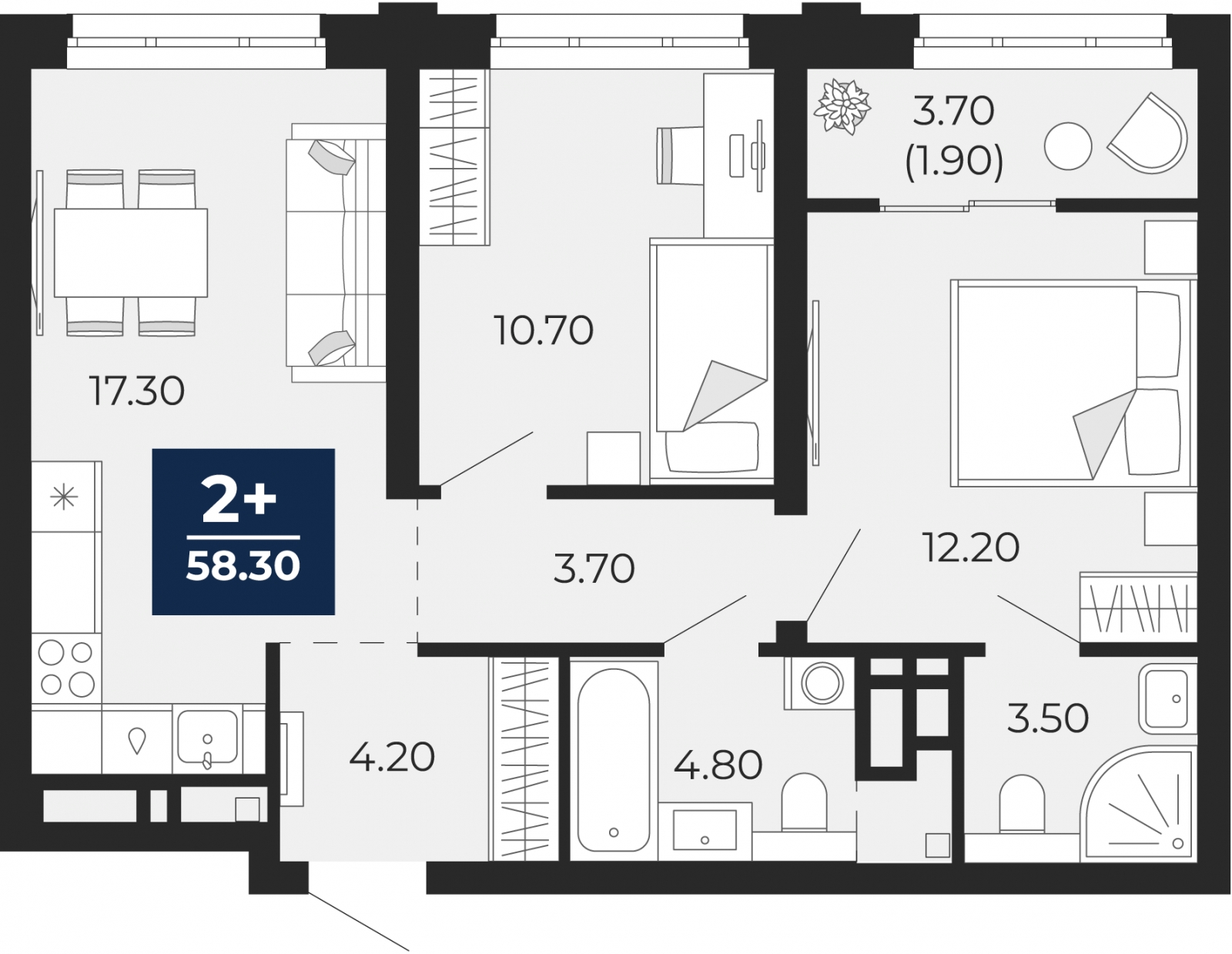 2-комнатная квартира в ЖК Бунинские кварталы на 7 этаже в 2 секции. Сдача в 2 кв. 2026 г.