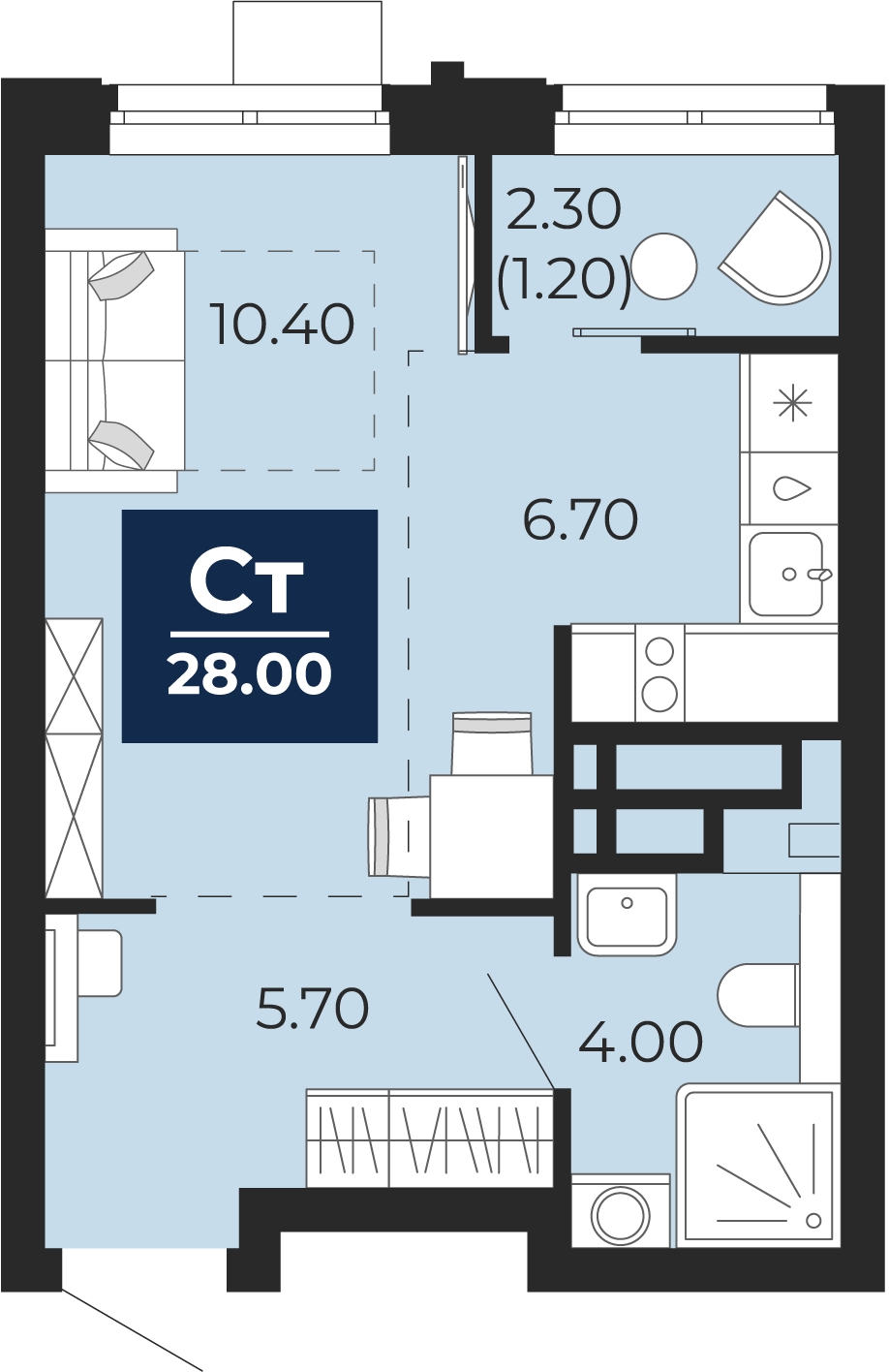 2-комнатная квартира в ЖК Бунинские кварталы на 7 этаже в 2 секции. Сдача в 2 кв. 2026 г.