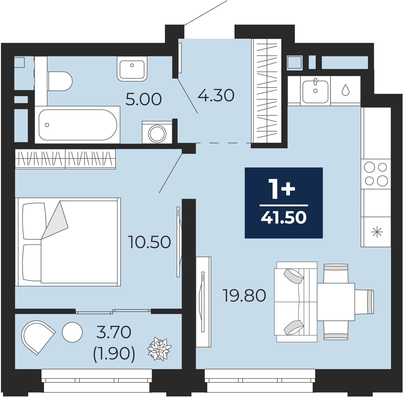 1-комнатная квартира (Студия) в ЖК Бунинские кварталы на 9 этаже в 6 секции. Сдача в 2 кв. 2026 г.