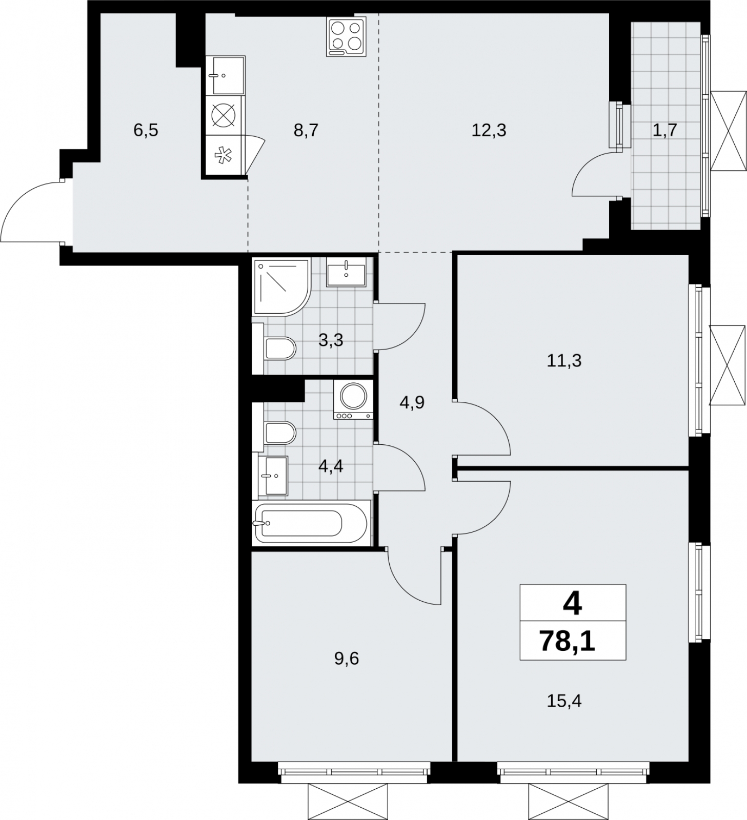 2-комнатная квартира в ЖК Бунинские кварталы на 15 этаже в 3 секции. Сдача в 2 кв. 2026 г.