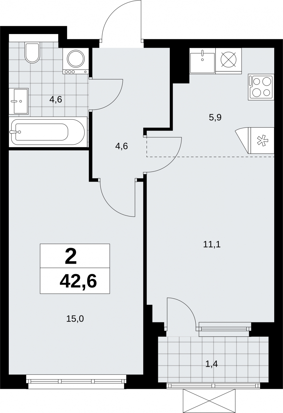 1-комнатная квартира (Студия) в ЖК Бунинские кварталы на 6 этаже в 2 секции. Сдача в 2 кв. 2026 г.