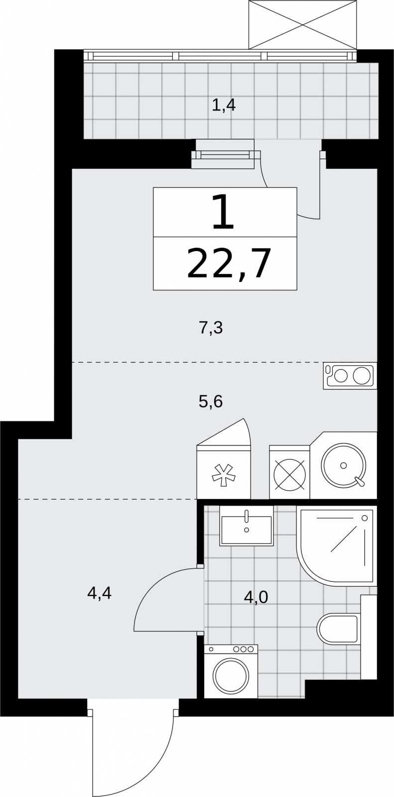 1-комнатная квартира (Студия) в ЖК Бунинские кварталы на 4 этаже в 7 секции. Сдача в 2 кв. 2026 г.