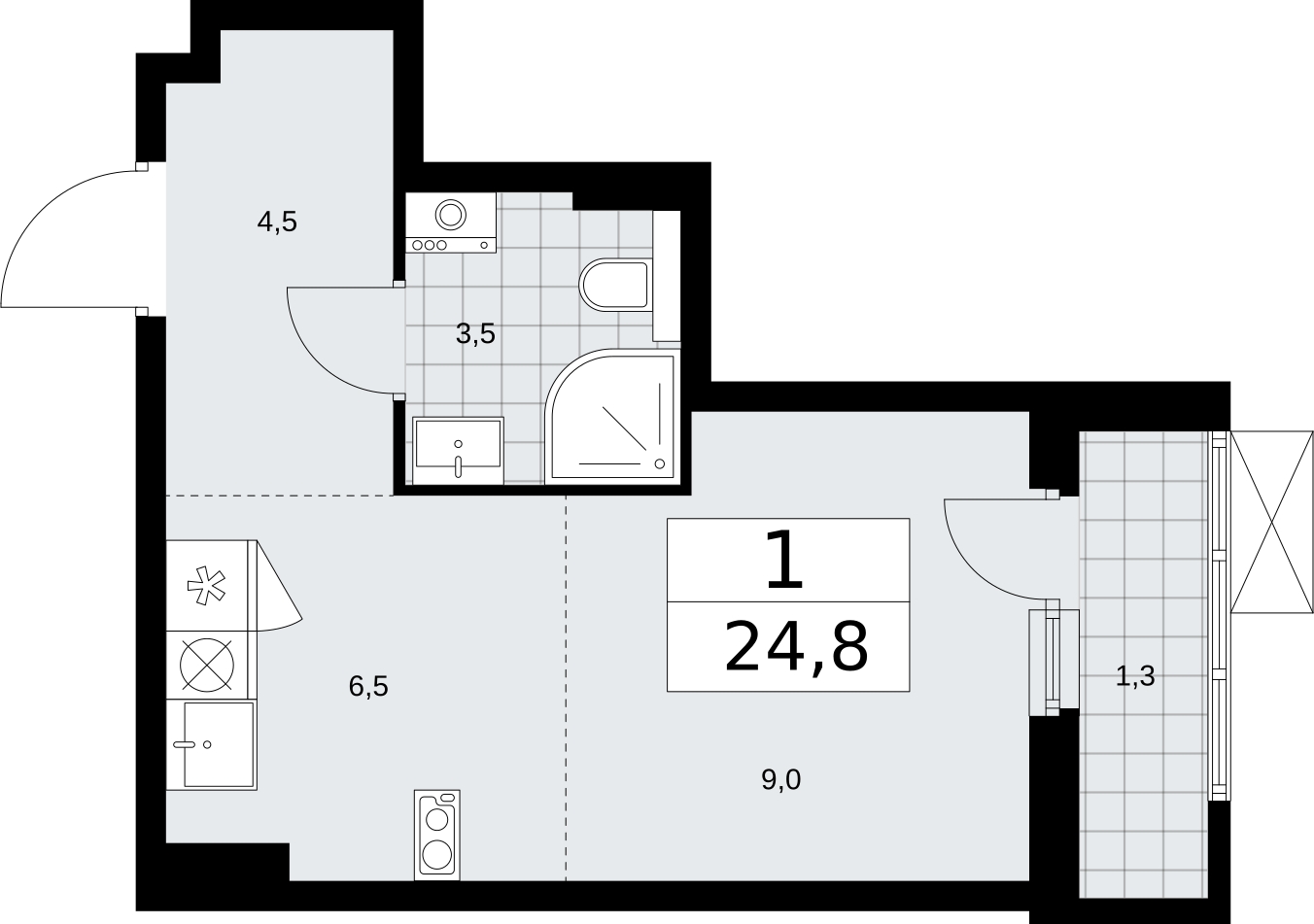 1-комнатная квартира в ЖК Бунинские кварталы на 13 этаже в 1 секции. Сдача в 2 кв. 2026 г.