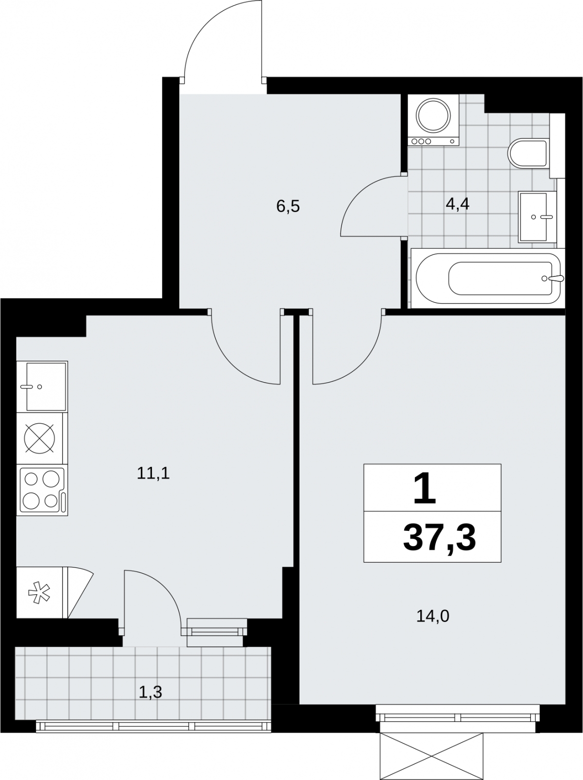 1-комнатная квартира (Студия) в ЖК Бунинские кварталы на 6 этаже в 4 секции. Сдача в 2 кв. 2026 г.