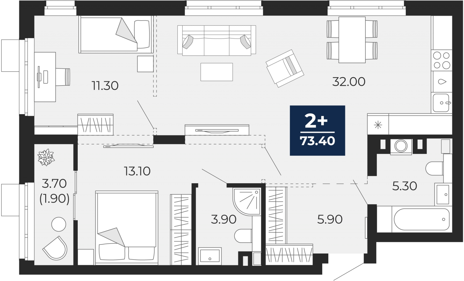 2-комнатная квартира в ЖК TERLE PARK на 3 этаже в 8 секции. Сдача в 4 кв. 2025 г.