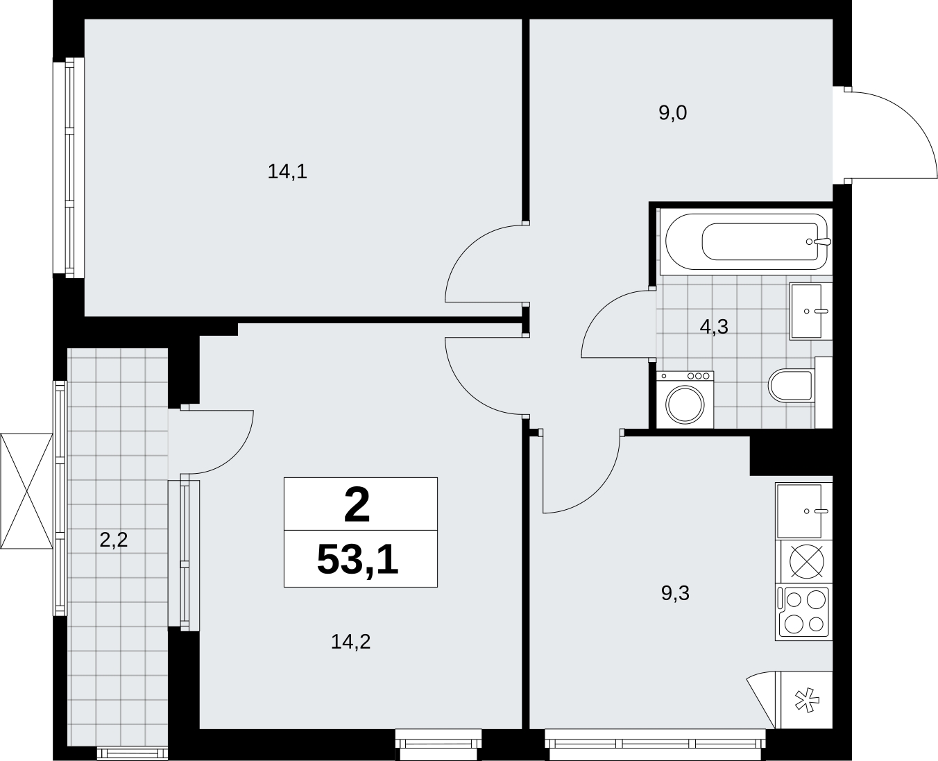 4-комнатная квартира в ЖК Бунинские кварталы на 9 этаже в 2 секции. Сдача в 2 кв. 2026 г.