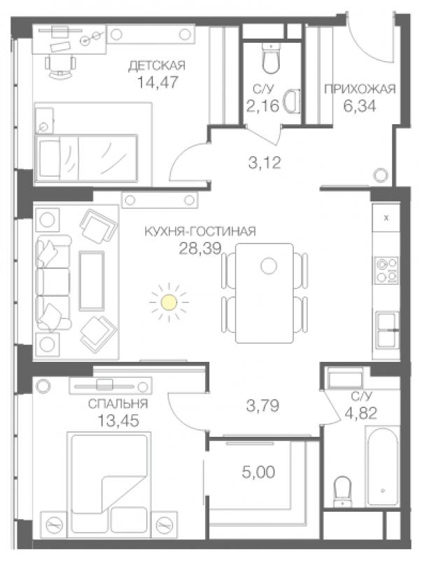 3-комнатная квартира в ЖК Headliner на 4 этаже в 2 секции. Сдача в 4 кв. 2022 г.