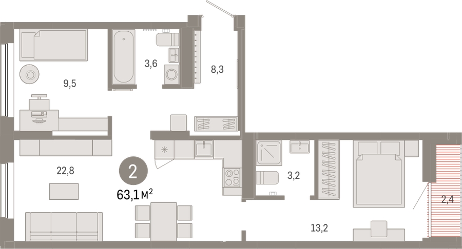 2-комнатная квартира в ЖК CUBE на 15 этаже в 1 секции. Сдача в 4 кв. 2024 г.