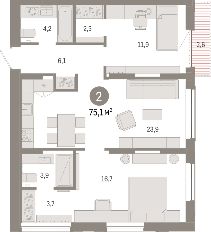 2-комнатная квартира в ЖК CUBE на 17 этаже в 1 секции. Сдача в 4 кв. 2024 г.