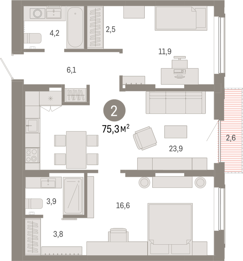 3-комнатная квартира в ЖК CUBE на 12 этаже в 1 секции. Сдача в 2 кв. 2024 г.